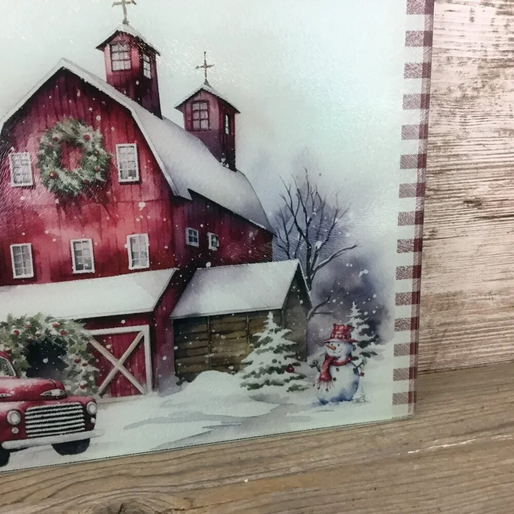 Red Truck Christmas on the Farm Glass Cutting Board 8